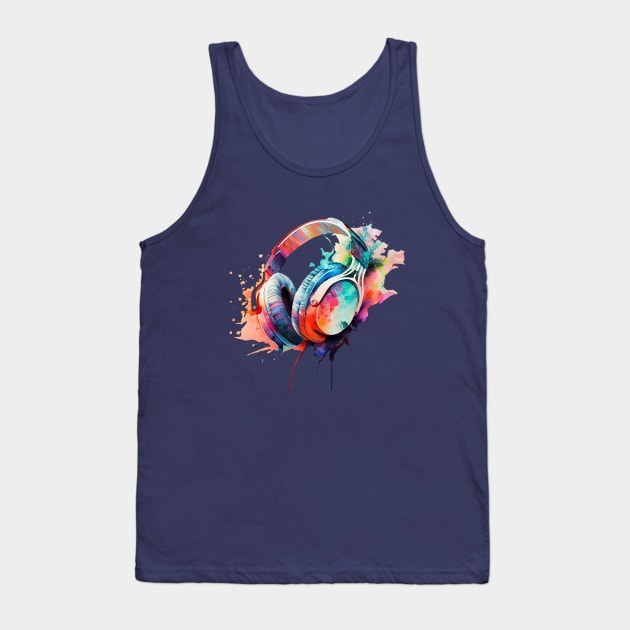 Funky Music Headphones, Watercolour Painting Tank Top by KOTOdesign